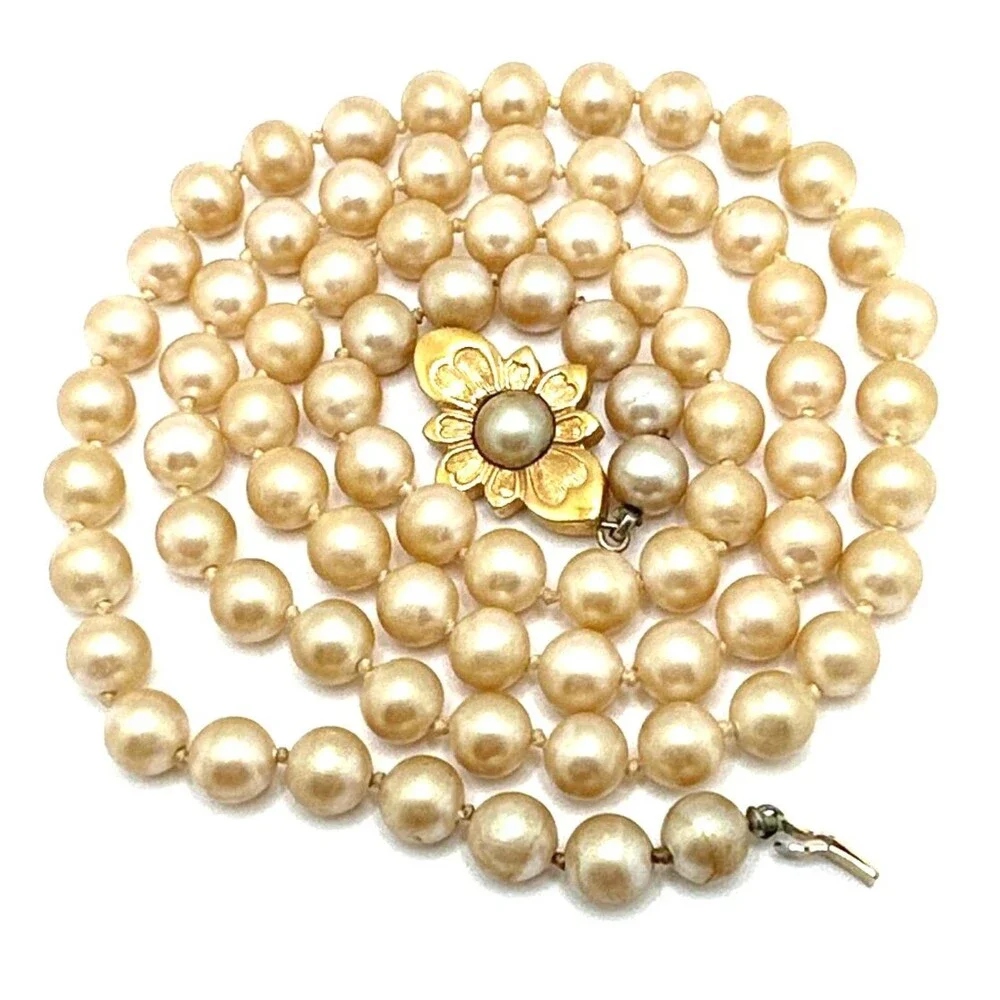 Vintage Faux Pearl Necklace Pale Gold Glass Bead Floral Clasp Statement 28